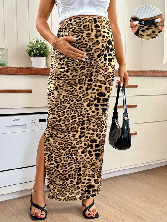 Adjustable High Waist Leopard Print Maternity Maxi Skirt – High Stretch Skinny Pencil Skirt with Split Hem and Random Animal Print