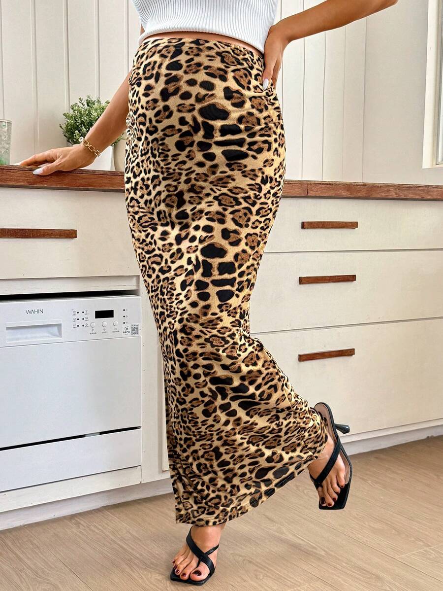 Adjustable High Waist Leopard Print Maternity Maxi Skirt – High Stretch Skinny Pencil Skirt with Split Hem and Random Animal Print