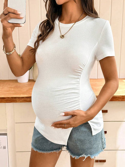 White Ribbed Short Sleeve Maternity T-Shirt with Side Slit Ruched Detail - Slim Fit Cotton Round Neck Pregnancy Top for Casual Summer Wear