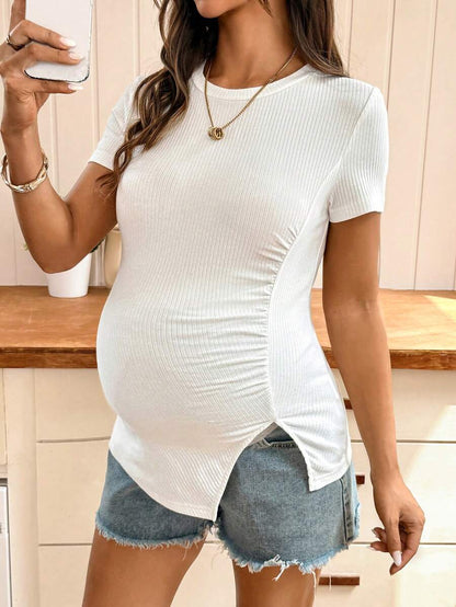White Ribbed Short Sleeve Maternity T-Shirt with Side Slit Ruched Detail - Slim Fit Cotton Round Neck Pregnancy Top for Casual Summer Wear
