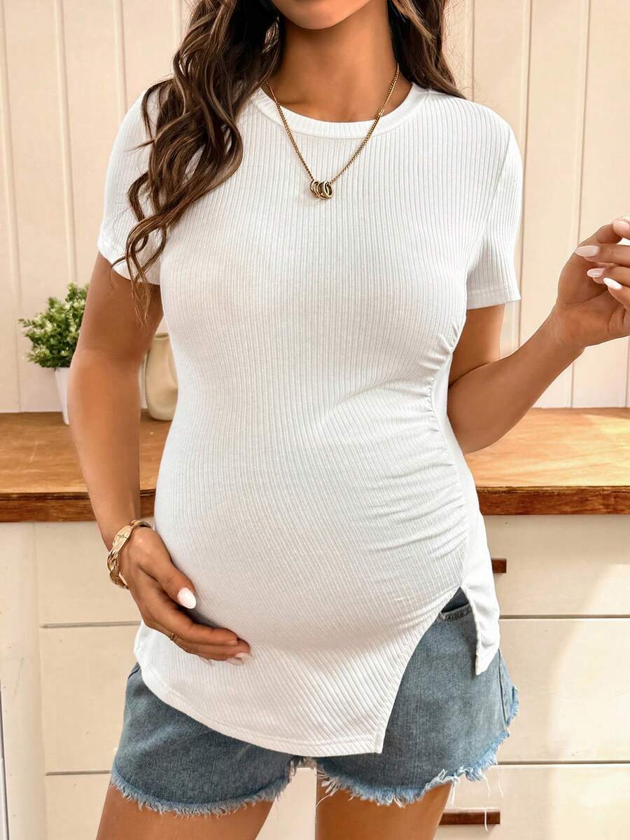 White Ribbed Short Sleeve Maternity T-Shirt with Side Slit Ruched Detail - Slim Fit Cotton Round Neck Pregnancy Top for Casual Summer Wear