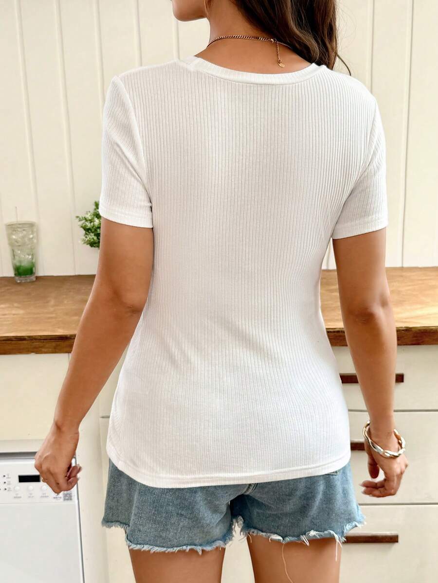 White Ribbed Short Sleeve Maternity T-Shirt with Side Slit Ruched Detail - Slim Fit Cotton Round Neck Pregnancy Top for Casual Summer Wear