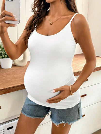 White Slim Fit Maternity Camisole – Versatile Scoop Neck Medium-Stretch Sleeveless Tank Top for Everyday Pregnancy Wear