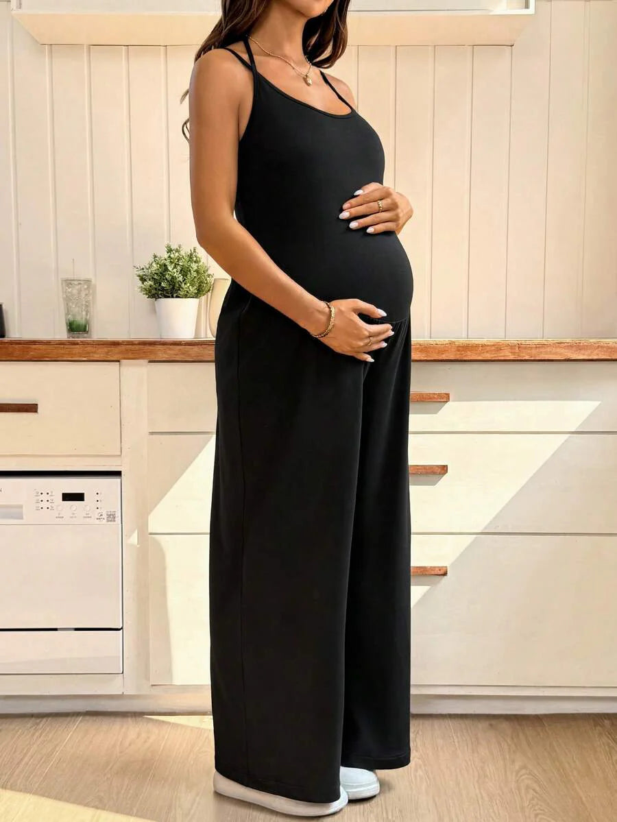 Black Maternity Cami Jumpsuit – Solid Wide Leg Cropped Overalls with Backless Spaghetti Straps & Medium Stretch for Daily Casual Wear