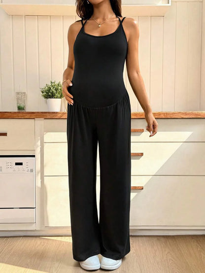 Black Maternity Cami Jumpsuit – Solid Wide Leg Cropped Overalls with Backless Spaghetti Straps & Medium Stretch for Daily Casual Wear