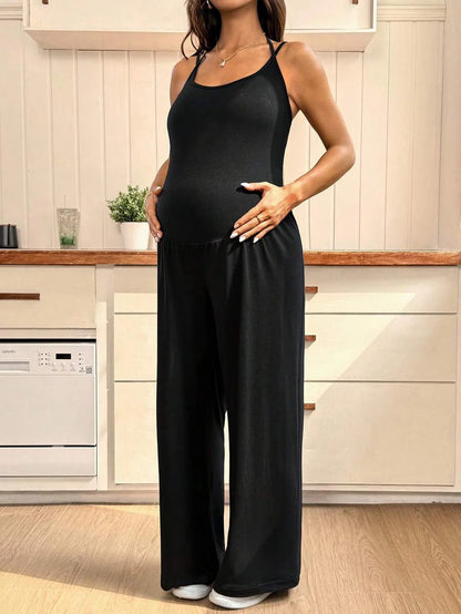Black Maternity Cami Jumpsuit – Solid Wide Leg Cropped Overalls with Backless Spaghetti Straps & Medium Stretch for Daily Casual Wear