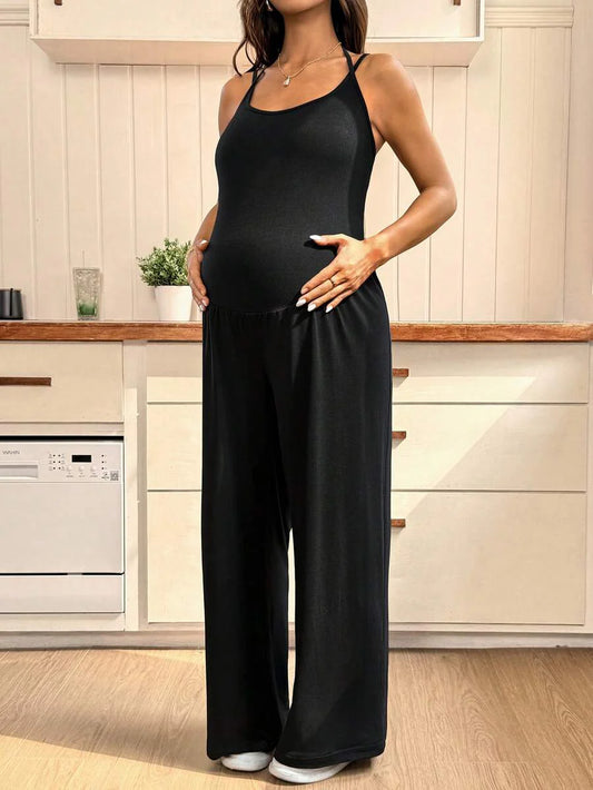 Black Maternity Cami Jumpsuit – Solid Wide Leg Cropped Overalls with Backless Spaghetti Straps & Medium Stretch for Daily Casual Wear