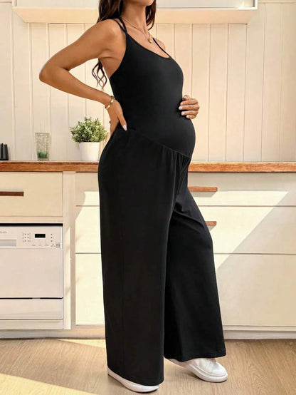 Black Maternity Cami Jumpsuit – Solid Wide Leg Cropped Overalls with Backless Spaghetti Straps & Medium Stretch for Daily Casual Wear