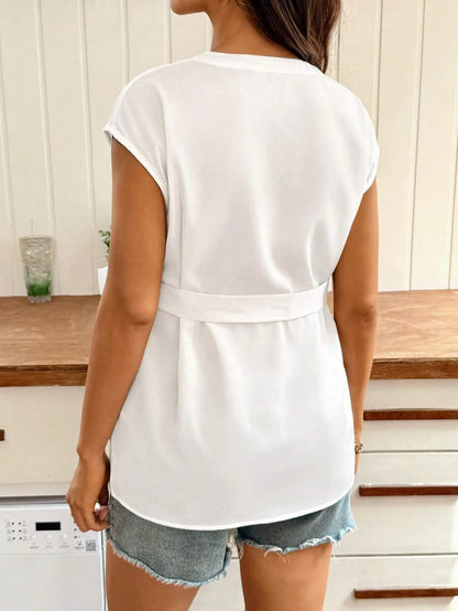 White Pleated Maternity Blouse – Elegant Stand Collar Tie-Waist Shirt with Batwing Cap Sleeves and Asymmetrical Hem for Office, Church, & Casual Wear