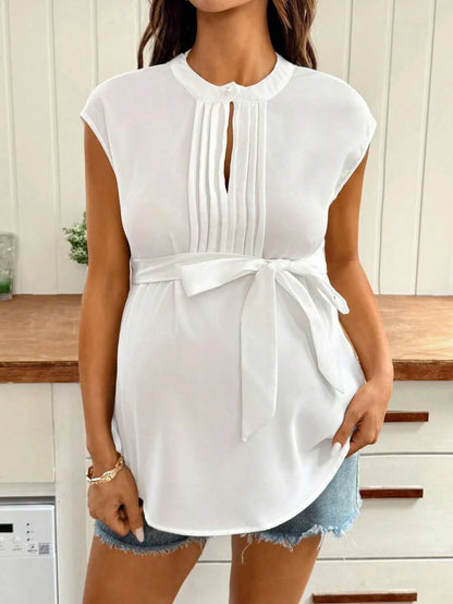 White Cap Sleeve Tie Waist Maternity Blouse - Elegant Stand Collar Pleated Maternity Shirt - Casual Office Wear Batwing Sleeve Asymmetrical Top