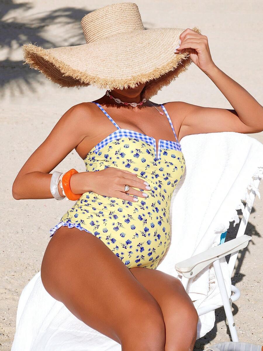 Yellow Floral and Plaid Contrast Maternity One Piece Swimsuit High Stretch Backless Spaghetti Strap Beach Vacation Swimwear with Removable Padding