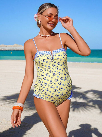 Yellow Floral and Plaid Contrast Maternity One Piece Swimsuit High Stretch Backless Spaghetti Strap Beach Vacation Swimwear with Removable Padding