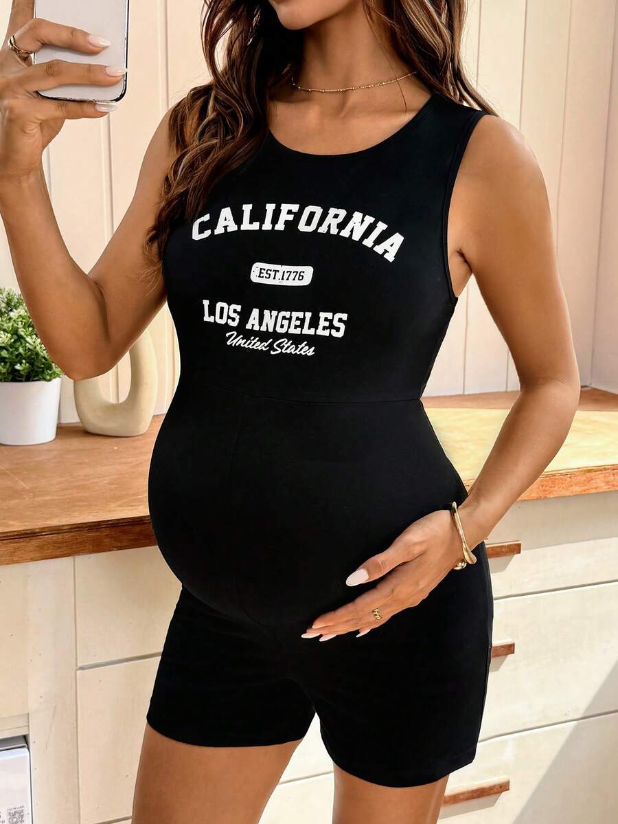 Black Letter Print Maternity Unitard Romper – High Stretch Sleeveless Graphic Bodycon Biker Short Jumpsuit for Casual Daily Wear