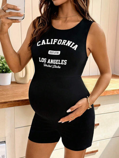 Black Letter Print Maternity Unitard Romper – High Stretch Sleeveless Graphic Bodycon Biker Short Jumpsuit for Casual Daily Wear