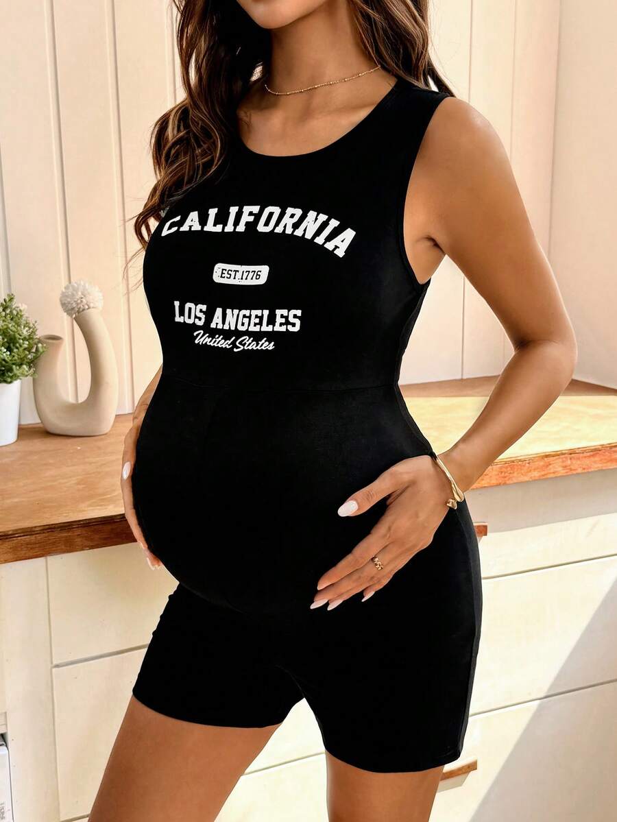 Black Letter Print Maternity Unitard Romper – High Stretch Sleeveless Graphic Bodycon Biker Short Jumpsuit for Casual Daily Wear