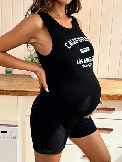 Black Letter Print Maternity Unitard Romper – High Stretch Sleeveless Graphic Bodycon Biker Short Jumpsuit for Casual Daily Wear