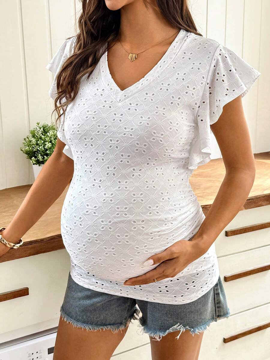 White Plant Embroidered V-Neck Maternity T-Shirt with Textured Flounce Cap Sleeves and Medium Stretch Slim Fit Casual Summer Top