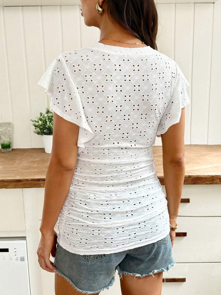 White Plant Embroidered V-Neck Maternity T-Shirt with Textured Flounce Cap Sleeves and Medium Stretch Slim Fit Casual Summer Top