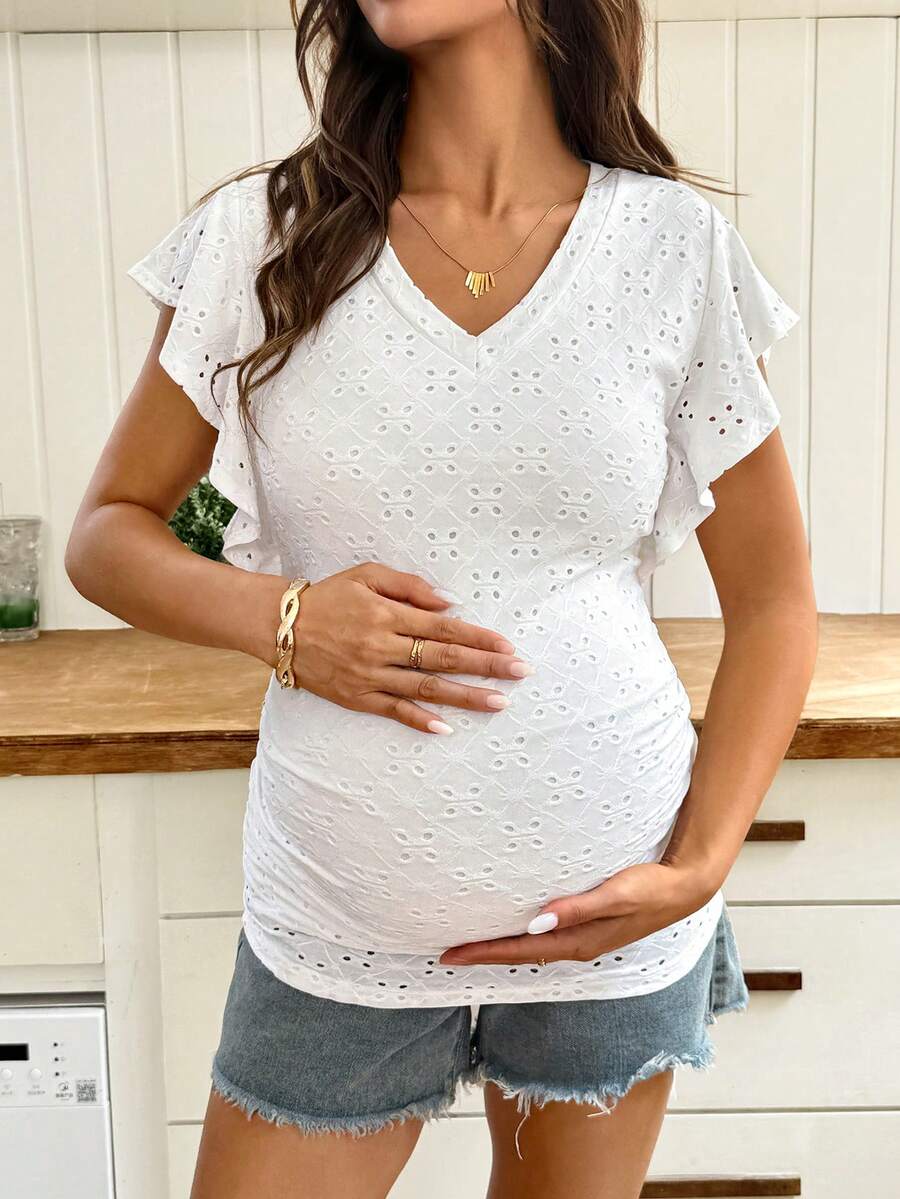 White Plant Embroidered V-Neck Maternity T-Shirt with Textured Flounce Cap Sleeves and Medium Stretch Slim Fit Casual Summer Top