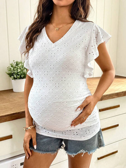 White Plant Embroidered V-Neck Maternity T-Shirt with Textured Flounce Cap Sleeves and Medium Stretch Slim Fit Casual Summer Top