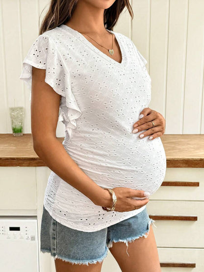 White Plant Embroidered V-Neck Maternity T-Shirt with Textured Flounce Cap Sleeves and Medium Stretch Slim Fit Casual Summer Top