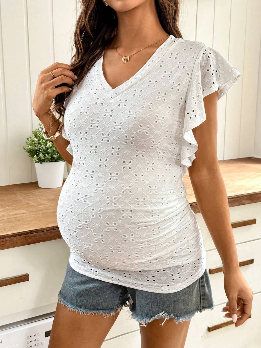 White Plant Embroidered V-Neck Maternity T-Shirt with Textured Flounce Cap Sleeves and Medium Stretch Slim Fit Casual Summer Top