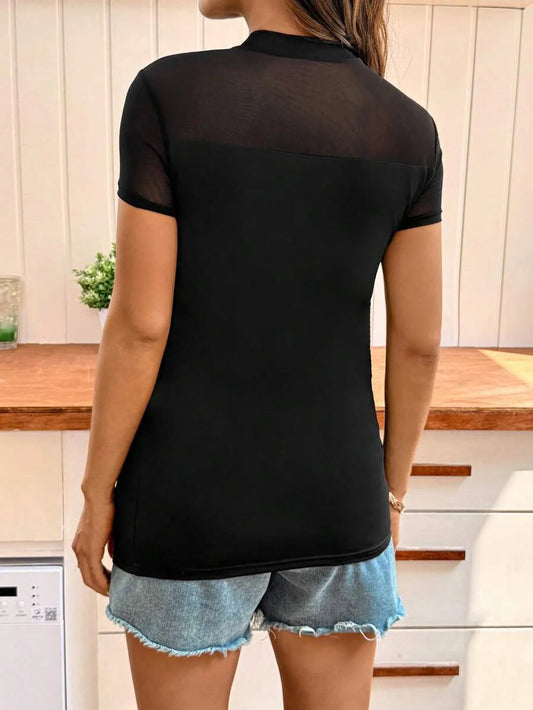 Black Stand Collar Maternity T-Shirt – Slim Fit High Stretch Short Sleeve Knitted Top with Contrast Mesh Detail for Vacation & Everyday Wear