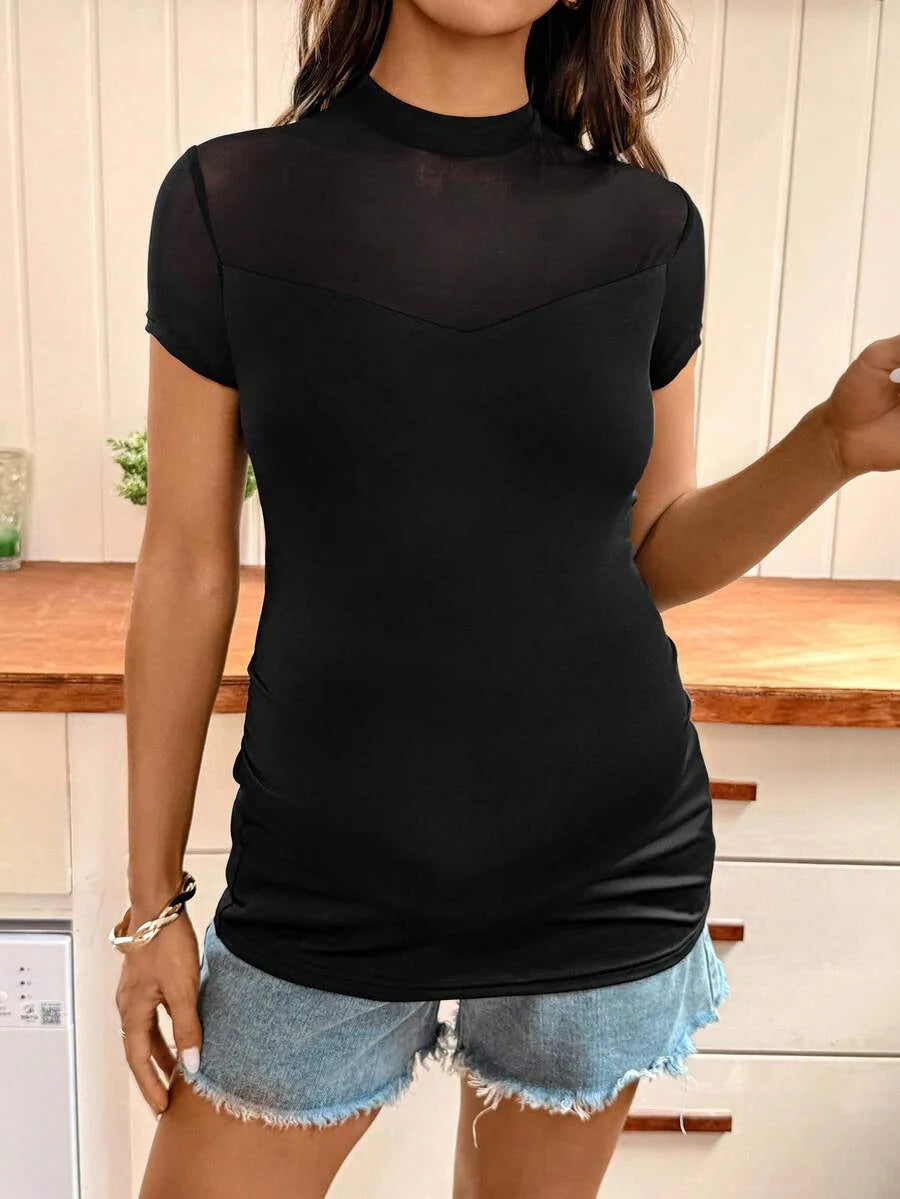 Black Stand Collar Maternity T-Shirt – Slim Fit High Stretch Short Sleeve Knitted Top with Contrast Mesh Detail for Vacation & Everyday Wear