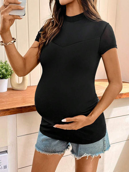 Black Stand Collar Maternity T-Shirt – Slim Fit High Stretch Short Sleeve Knitted Top with Contrast Mesh Detail for Vacation & Everyday Wear
