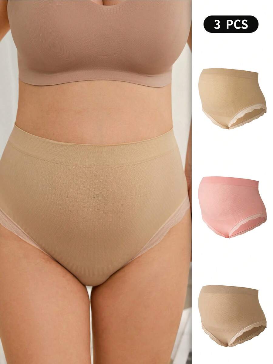 Maternity Underwear Set - Solid Color Lace Trim Casual Comfortable Seamless, Pregnancy