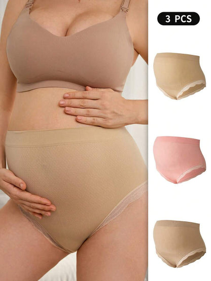 Maternity Underwear Set 3 Pack - Seamless High Waist Lace Trim Soft Breathable, Pregnancy Daily