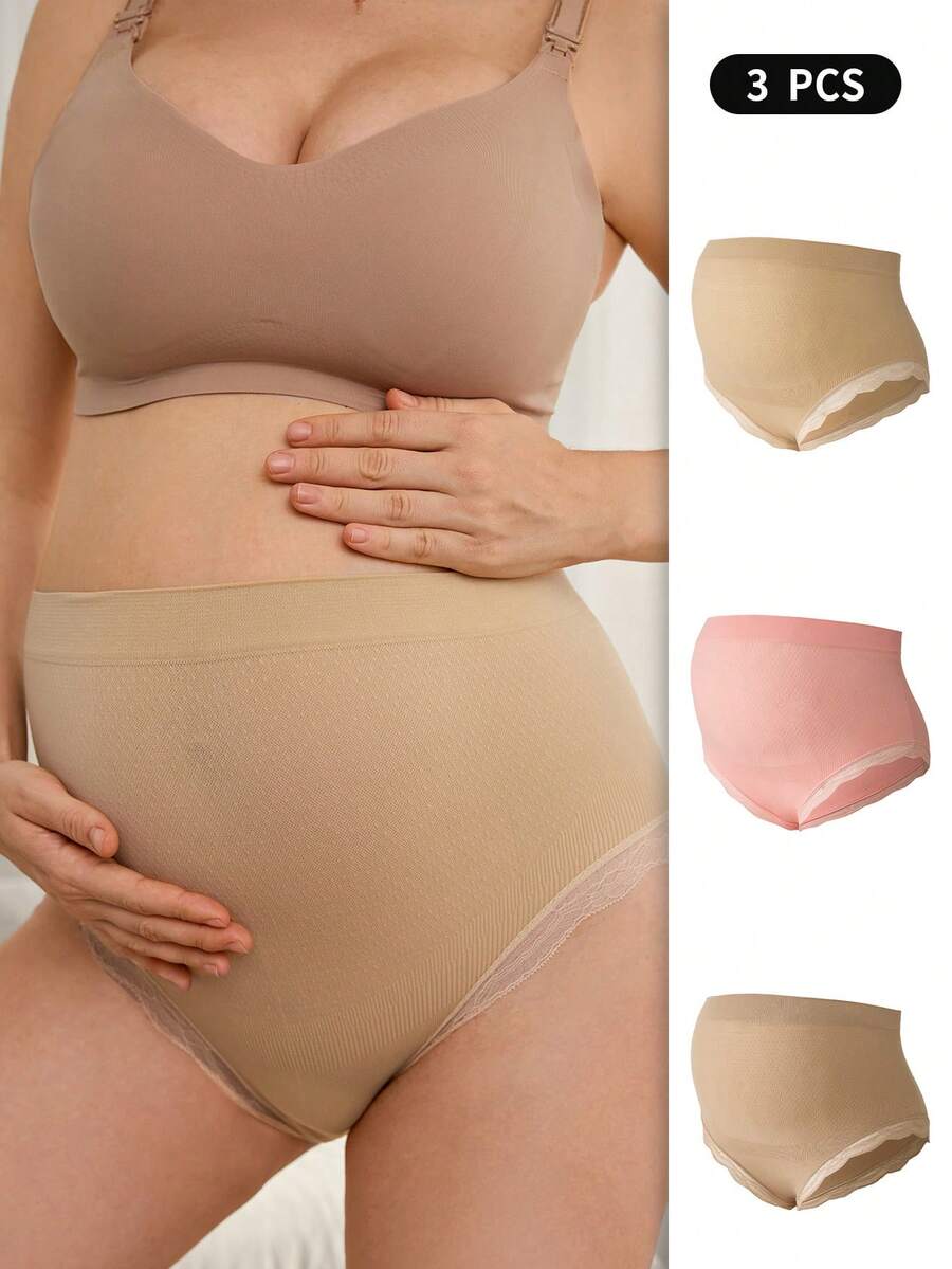 Maternity Underwear Set 3 Pack - Seamless High Waist Lace Trim Soft Stretch, Nursing Daily Wear
