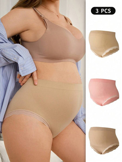 Maternity Underwear Set - Solid Color Lace Trim Casual Comfortable Seamless, Pregnancy