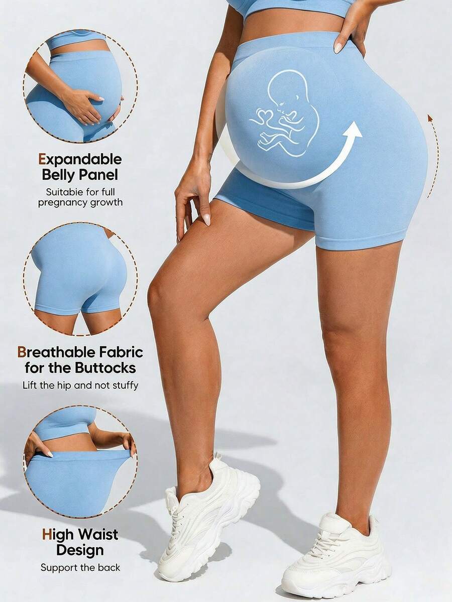 Baby Blue Ultra High Waist Maternity Sports Shorts - Animal Pattern High Stretch Skinny Fit Mini Shorts - Comfortable Double Waist Athletic Wear