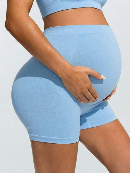 Baby Blue Ultra High Waist Maternity Sports Shorts - Animal Pattern High Stretch Skinny Fit Mini Shorts - Comfortable Double Waist Athletic Wear