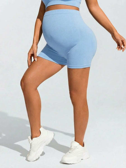 Baby Blue Ultra High Waist Maternity Sports Shorts - Animal Pattern High Stretch Skinny Fit Mini Shorts - Comfortable Double Waist Athletic Wear
