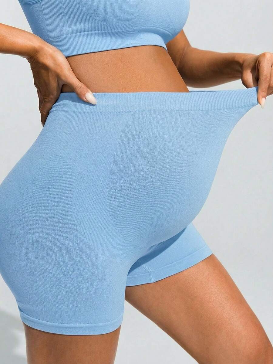 Baby Blue Ultra High Waist Maternity Sports Shorts - Animal Pattern High Stretch Skinny Fit Mini Shorts - Comfortable Double Waist Athletic Wear
