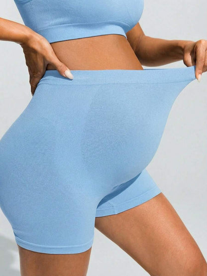 Baby Blue Ultra High Waist Maternity Sports Shorts - Animal Pattern High Stretch Skinny Fit Mini Shorts - Comfortable Double Waist Athletic Wear