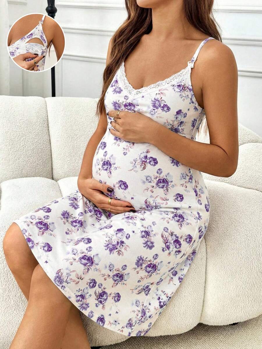 Khaki Floral Print Contrast Lace Maternity Midi Dress - Boho Spaghetti Strap Ruffle Neck Nursing Cami Dress - Slim Fit High Waist Loungewear