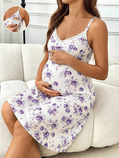 Khaki Floral Print Contrast Lace Maternity Midi Dress - Boho Spaghetti Strap Ruffle Neck Nursing Cami Dress - Slim Fit High Waist Loungewear