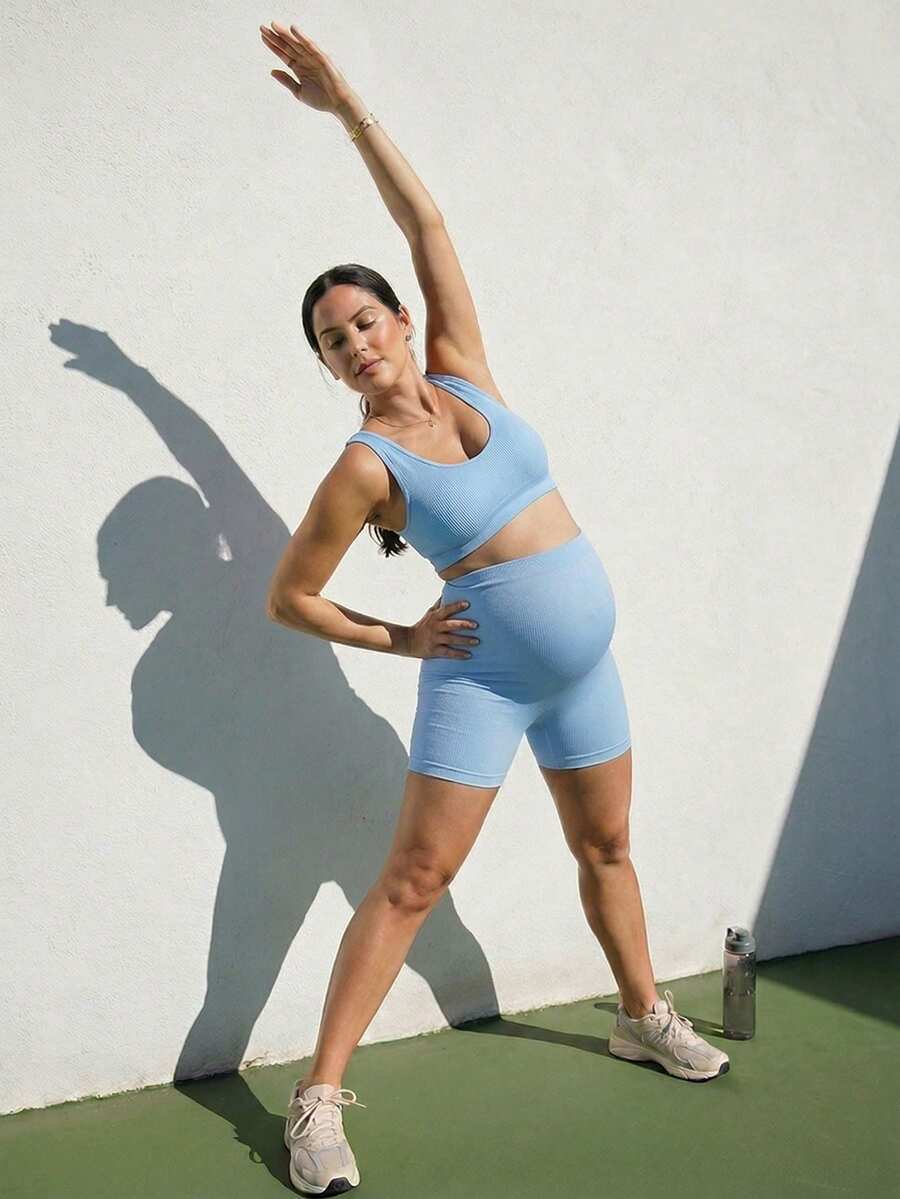 Baby Blue Ultra High Waist Maternity Sports Shorts - Animal Pattern High Stretch Skinny Fit Mini Shorts - Comfortable Double Waist Athletic Wear