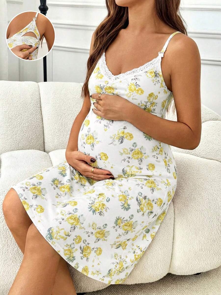 Khaki Floral Print Contrast Lace Maternity Midi Dress - Boho Spaghetti Strap Ruffle Neck Nursing Cami Dress - Slim Fit High Waist Loungewear