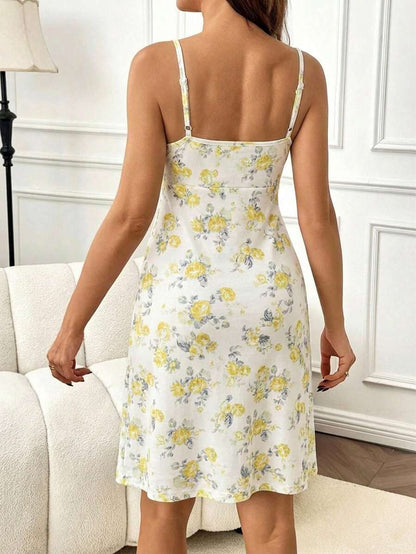 Khaki Floral Print Contrast Lace Maternity Midi Dress - Boho Spaghetti Strap Ruffle Neck Nursing Cami Dress - Slim Fit High Waist Loungewear