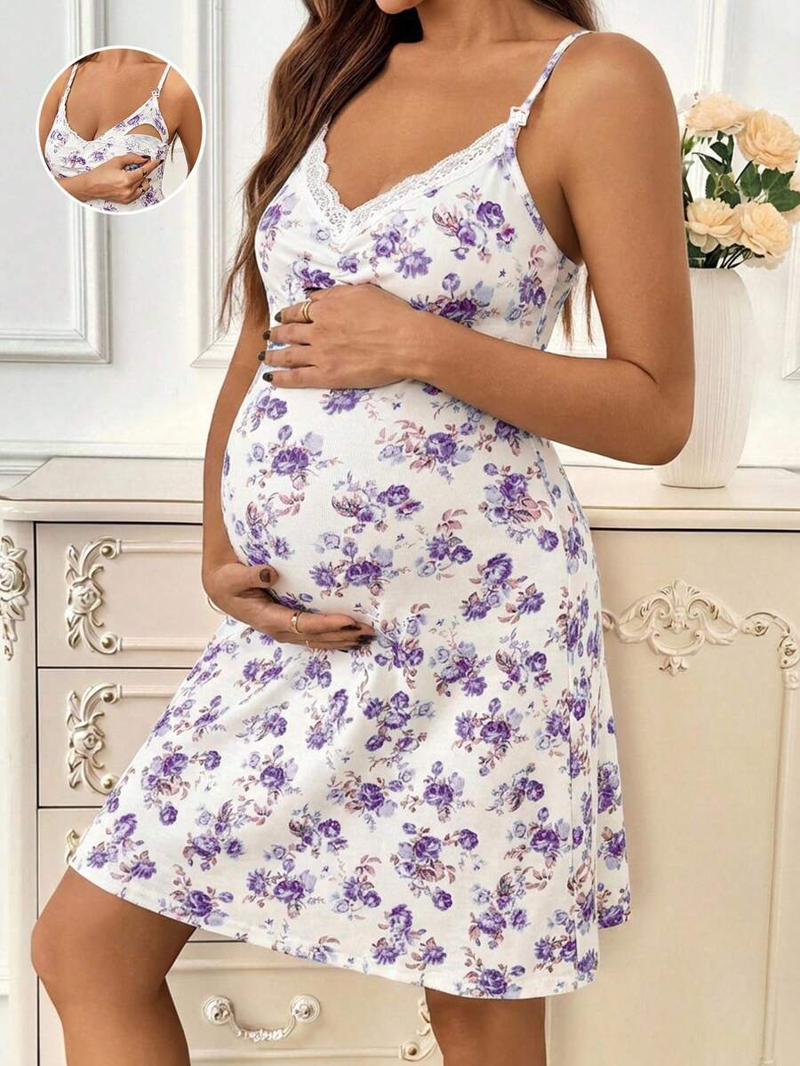 Khaki Floral Print Contrast Lace Maternity Midi Dress - Boho Spaghetti Strap Ruffle Neck Nursing Cami Dress - Slim Fit High Waist Loungewear