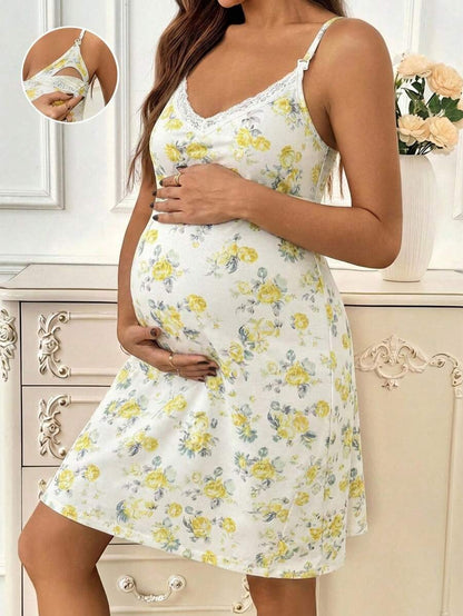 Khaki Floral Print Contrast Lace Maternity Midi Dress - Boho Spaghetti Strap Ruffle Neck Nursing Cami Dress - Slim Fit High Waist Loungewear