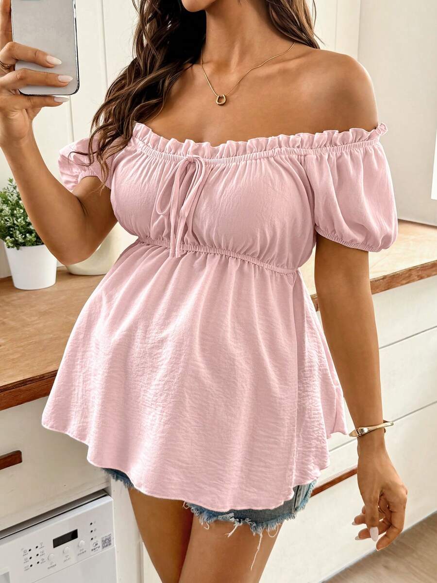 Pink Off-Shoulder Maternity Babydoll Top with Ruffle Petal Sleeves Slim Fit Peplum Blouse for Summer Office and Casual Wear