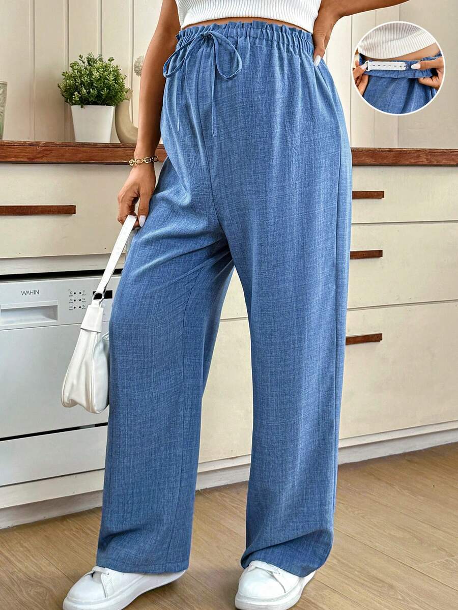 Maternity High-Waisted Blue Straight Leg Pants with Shirred Drawstring Waist and Pockets – Loose Fit Cropped Tailored Trousers
