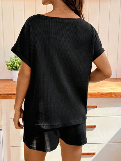 Black Maternity Batwing Sleeve Top and Adjustable Shorts 2-Piece Set - Casual Loose Fit Summer Lounge Set - Solid Color Boat Neck Commute Outfit