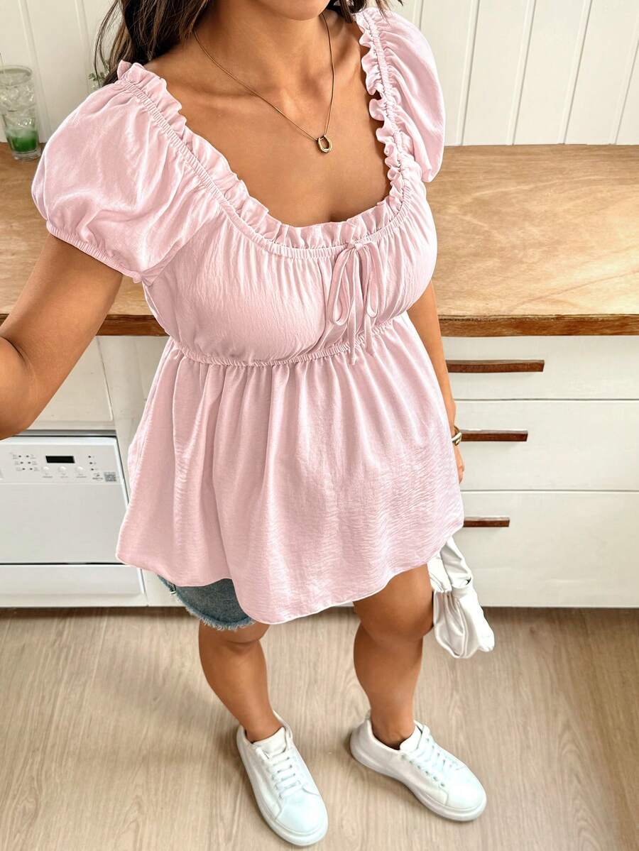 Pink Off-Shoulder Maternity Babydoll Top with Ruffle Petal Sleeves Slim Fit Peplum Blouse for Summer Office and Casual Wear