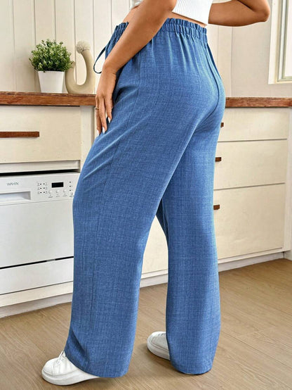Maternity High-Waisted Blue Straight Leg Pants with Shirred Drawstring Waist and Pockets – Loose Fit Cropped Tailored Trousers